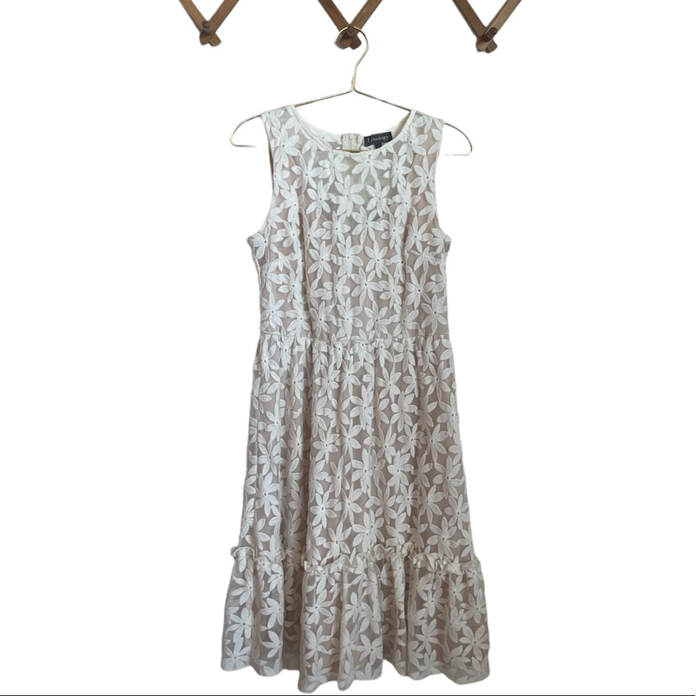 Romantic Cream & Beige Sleeveless Floral Lace Tiered Bridal Midi Dress Size 4